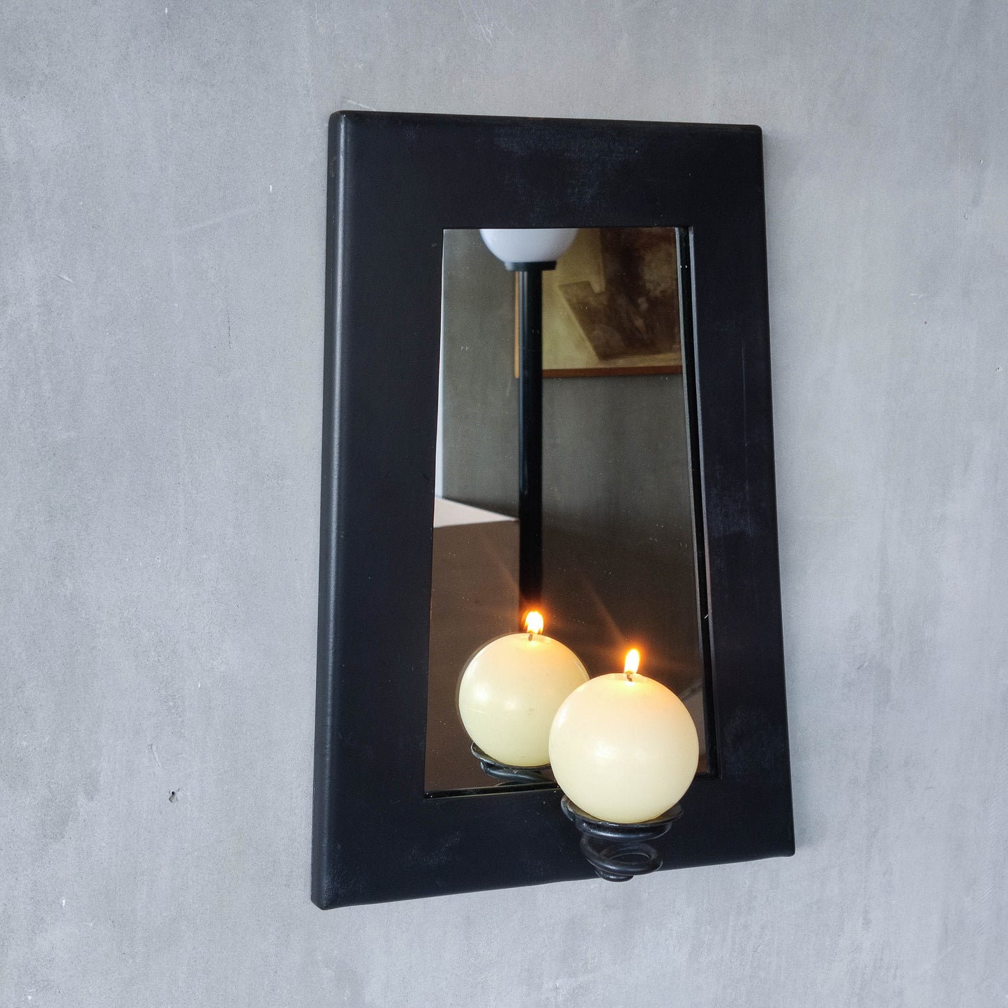 1990s handmade steel metalwork asymmetric mirror with candle sconce