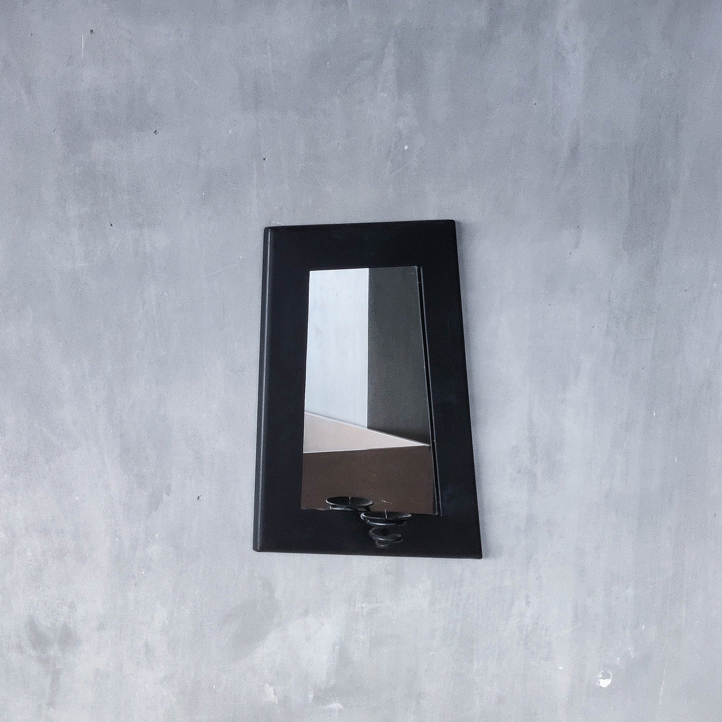 1990s handmade steel metalwork asymmetric mirror with candle sconce