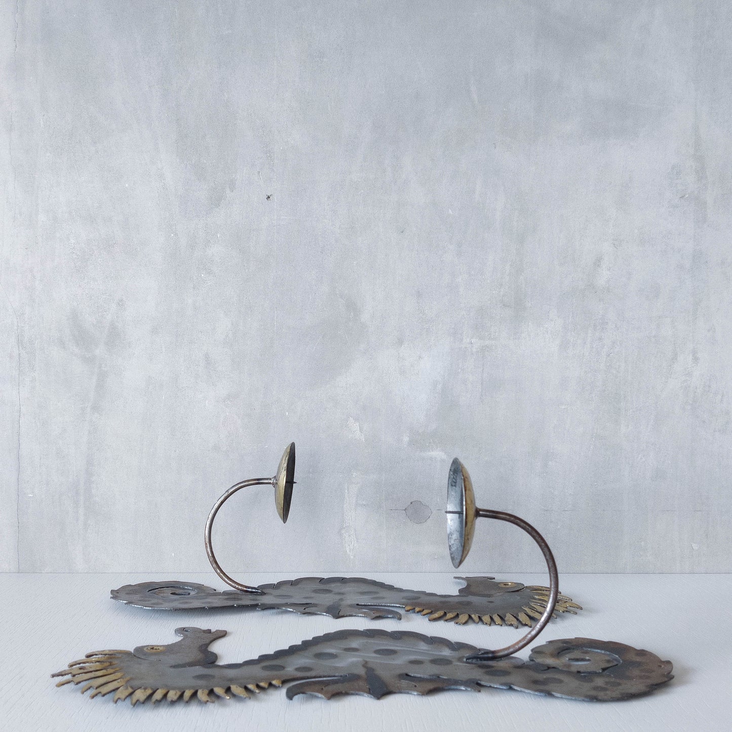 Pair of metalwork torched steel large seahorse sculptural wall sconces candle holders