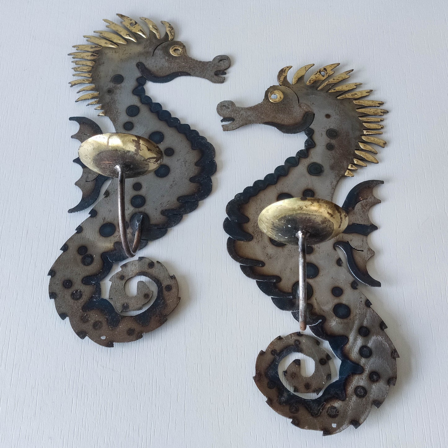 Pair of metalwork torched steel large seahorse sculptural wall sconces candle holders
