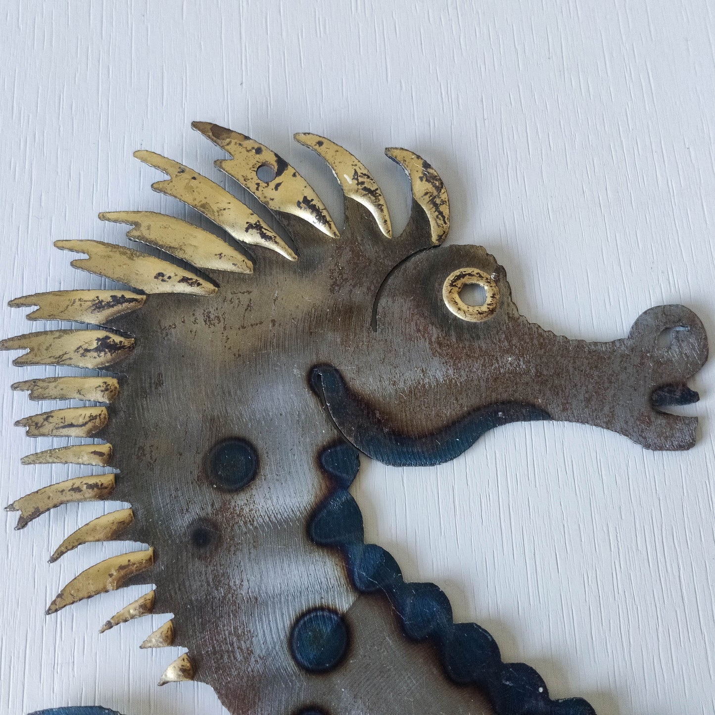 Pair of metalwork torched steel large seahorse sculptural wall sconces candle holders