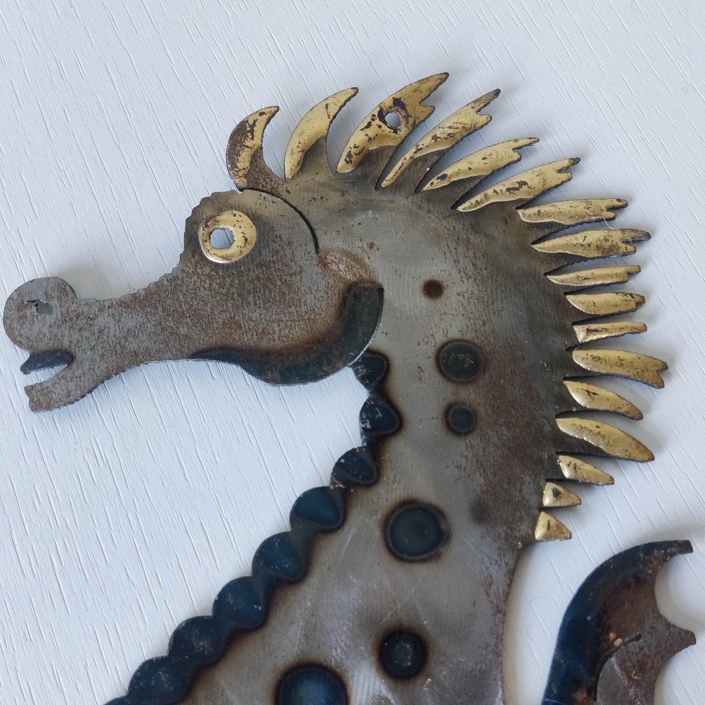 Pair of metalwork torched steel large seahorse sculptural wall sconces candle holders