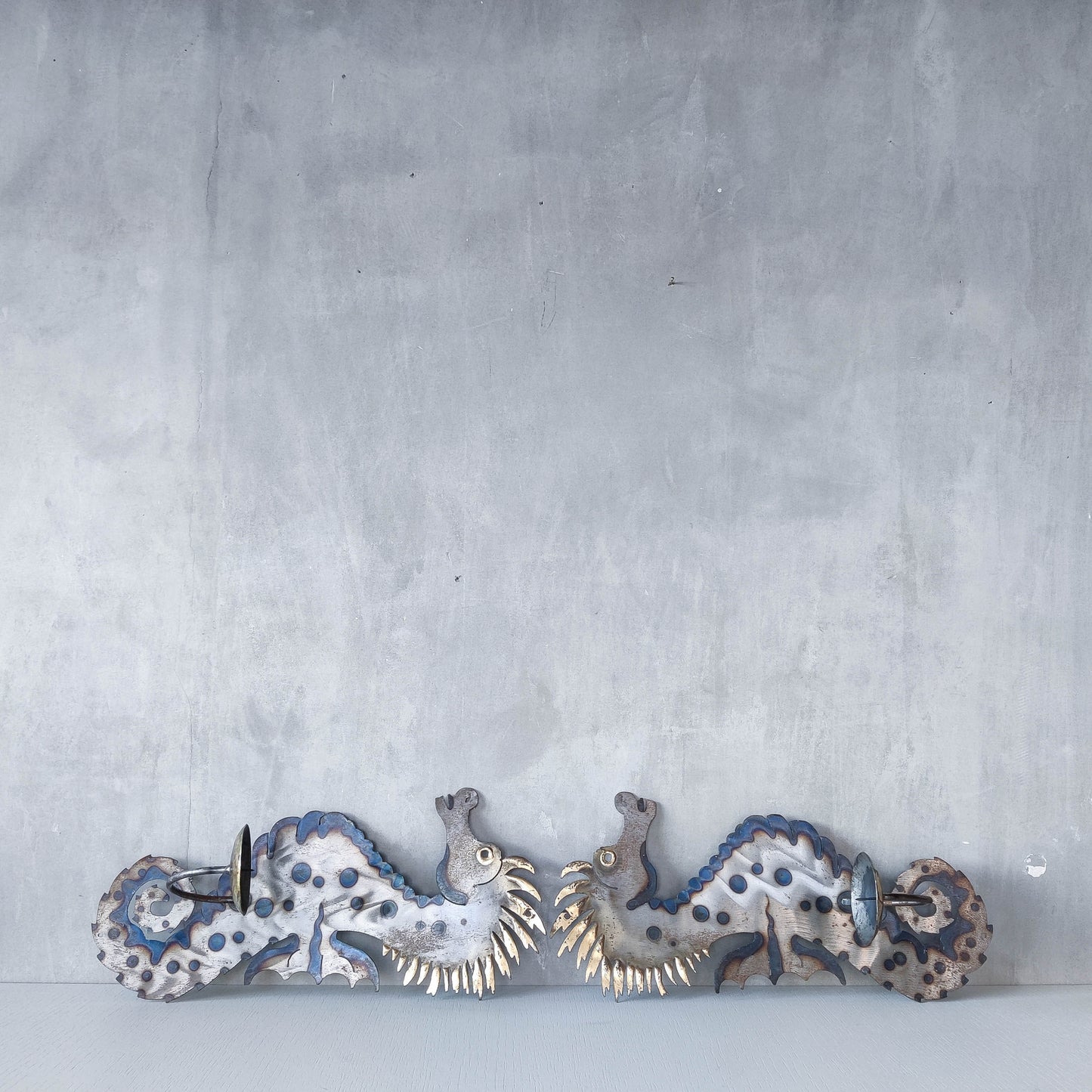 Pair of metalwork torched steel large seahorse sculptural wall sconces candle holders