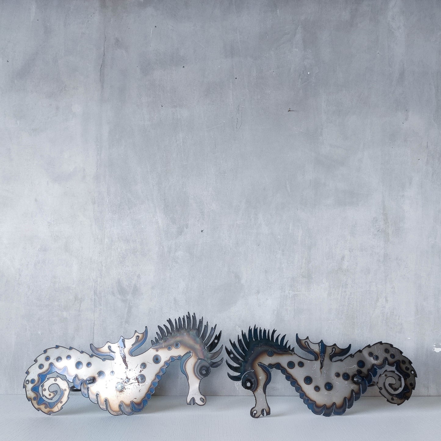 Pair of metalwork torched steel large seahorse sculptural wall sconces candle holders