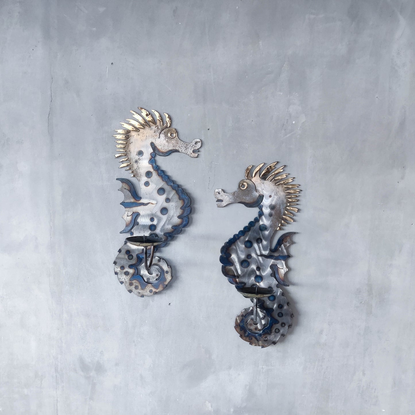 Pair of metalwork torched steel large seahorse sculptural wall sconces candle holders