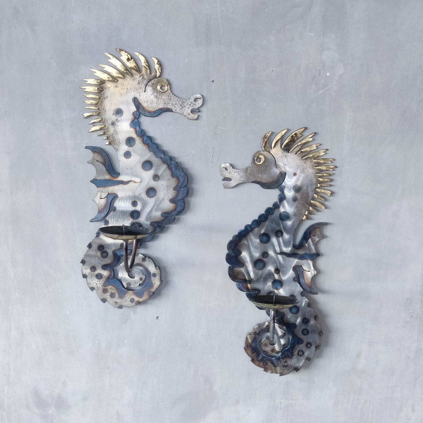 Pair of metalwork torched steel large seahorse sculptural wall sconces candle holders