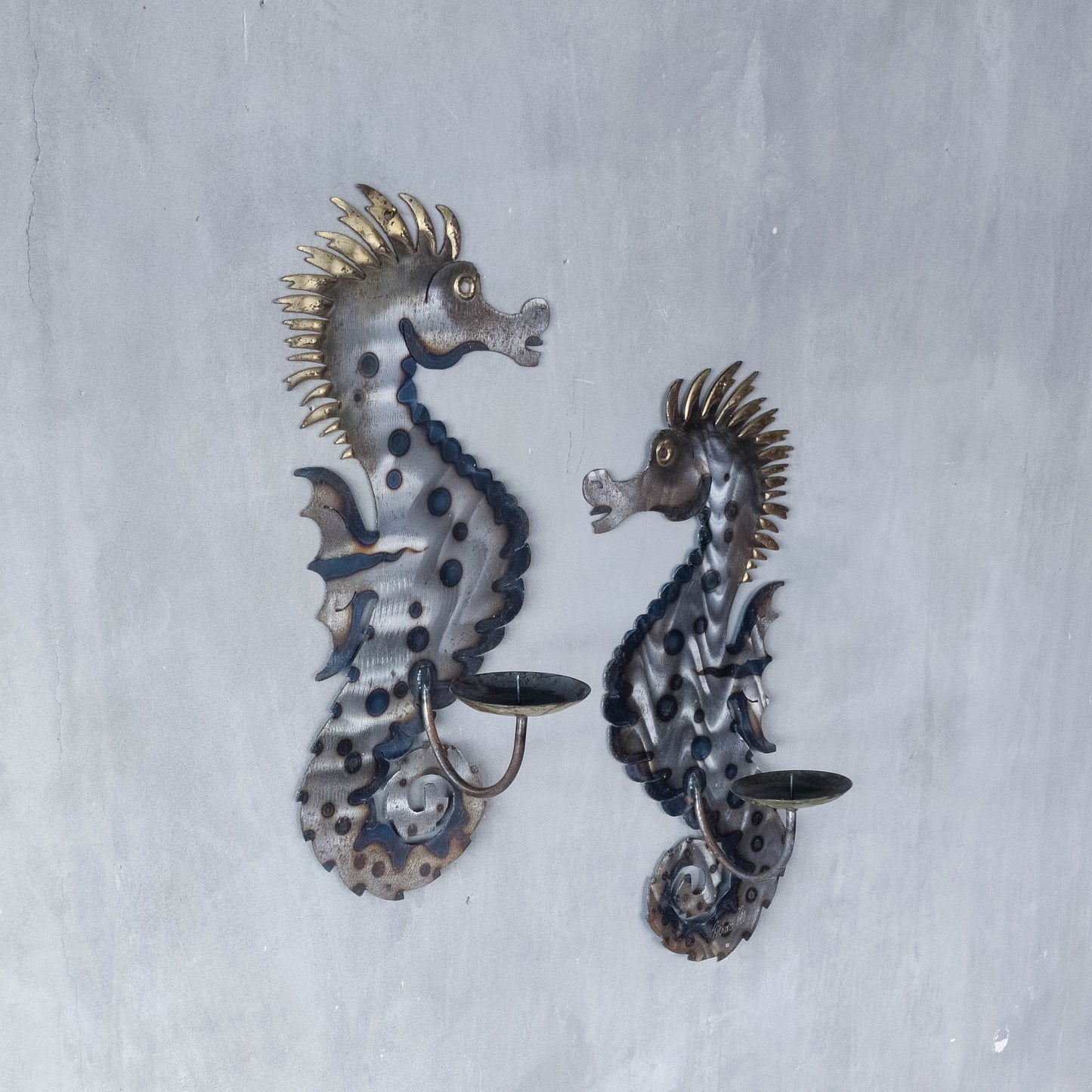 Pair of metalwork torched steel large seahorse sculptural wall sconces candle holders