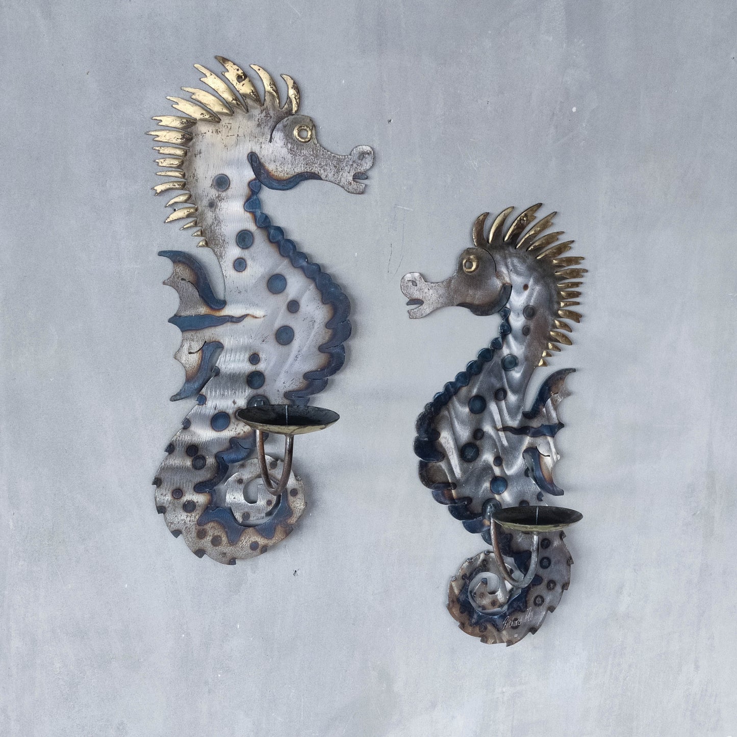Pair of metalwork torched steel large seahorse sculptural wall sconces candle holders