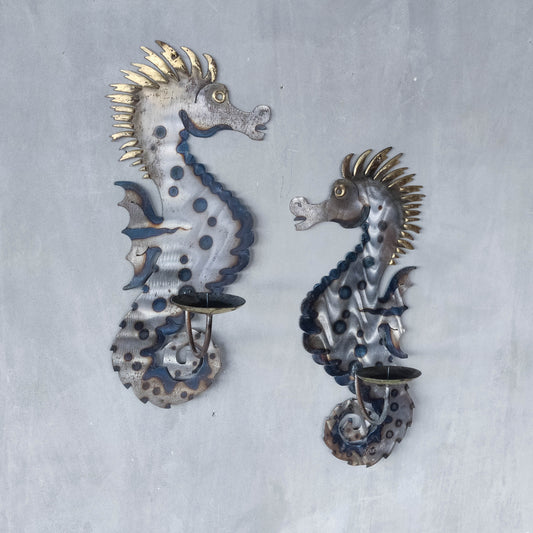 Pair of metalwork torched steel large seahorse sculptural wall sconces candle holders