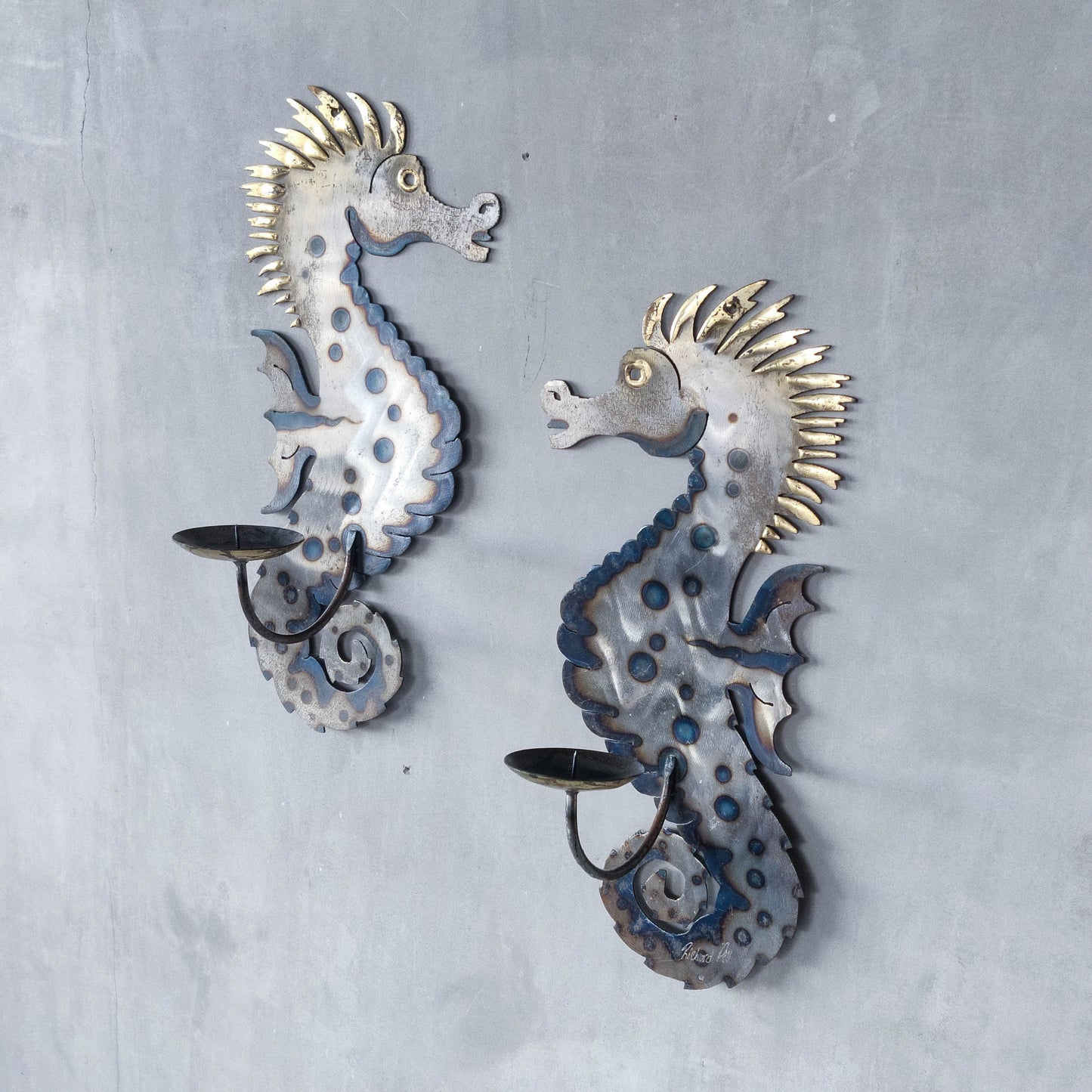 Pair of metalwork torched steel large seahorse sculptural wall sconces candle holders