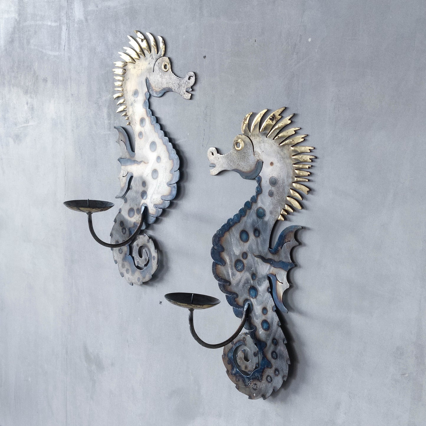 Pair of metalwork torched steel large seahorse sculptural wall sconces candle holders