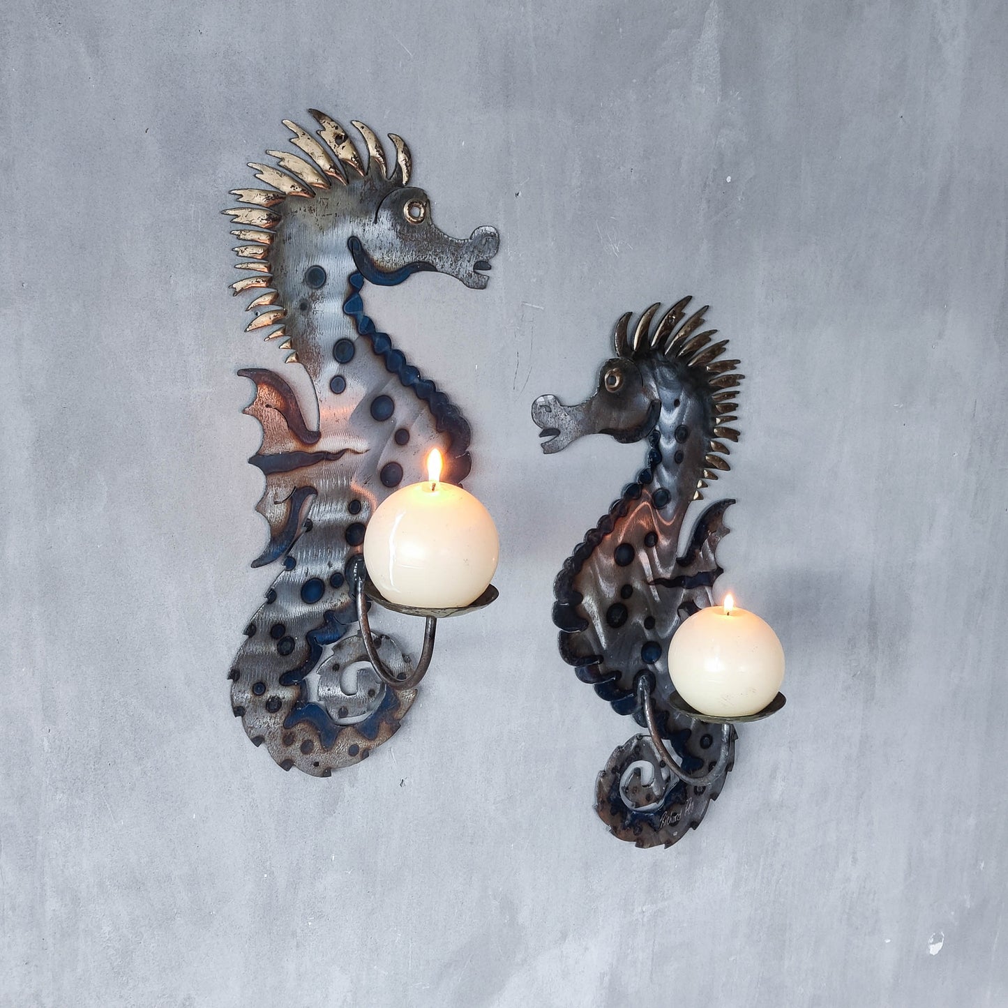 Pair of metalwork torched steel large seahorse sculptural wall sconces candle holders