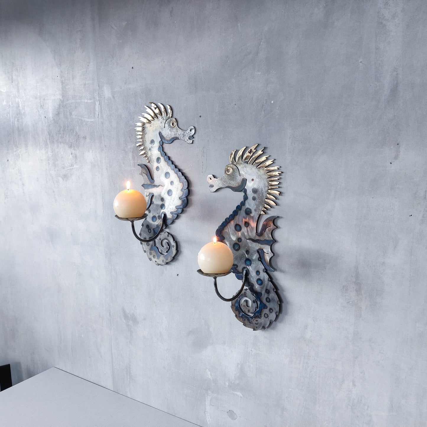 Pair of metalwork torched steel large seahorse sculptural wall sconces candle holders