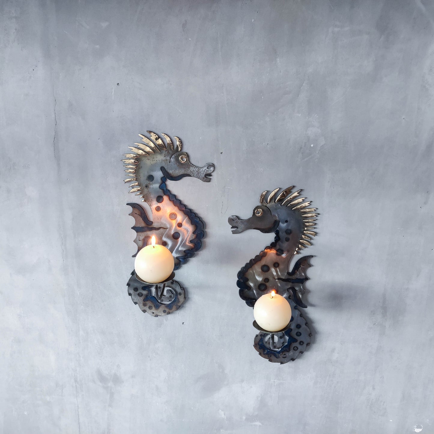 Pair of metalwork torched steel large seahorse sculptural wall sconces candle holders