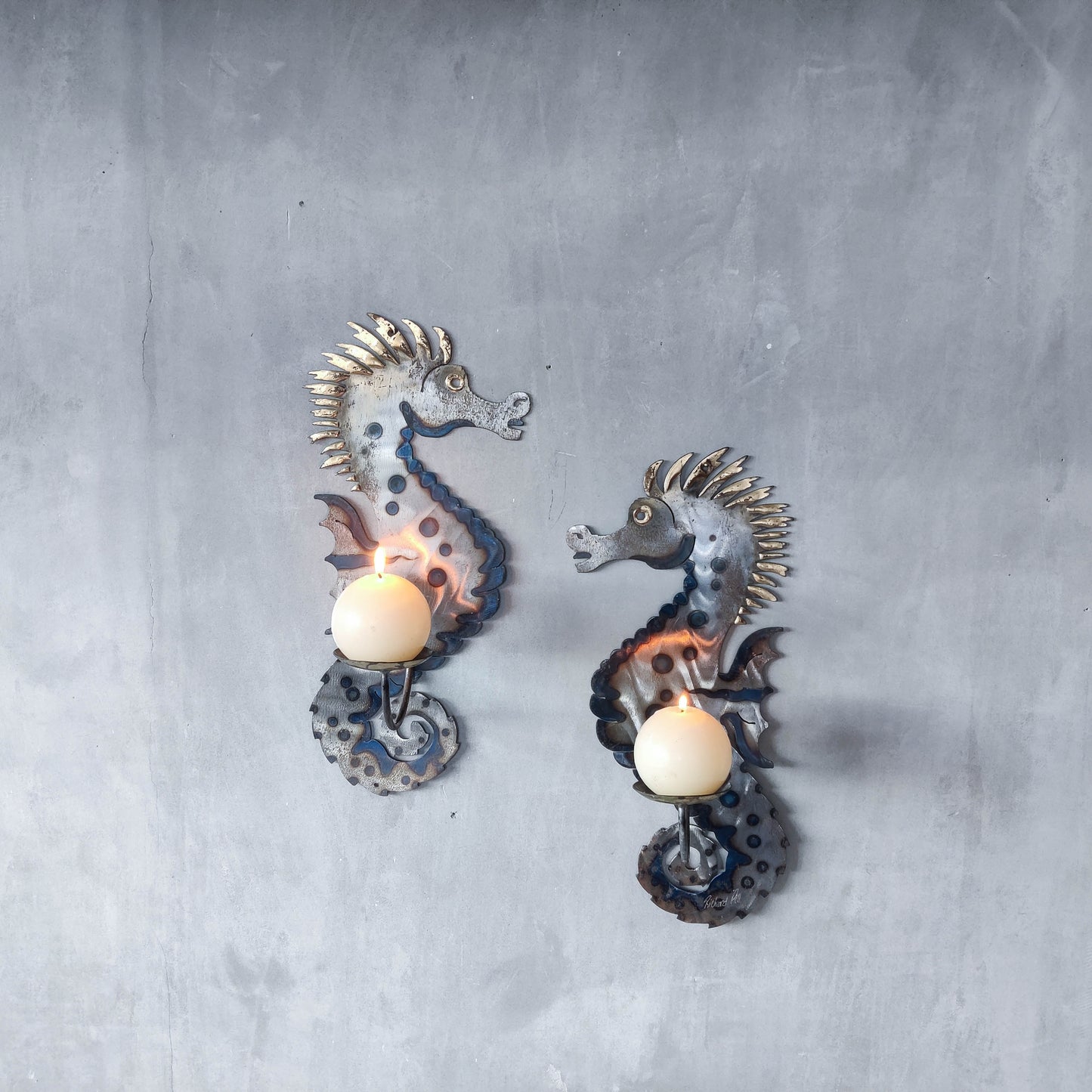 Pair of metalwork torched steel large seahorse sculptural wall sconces candle holders