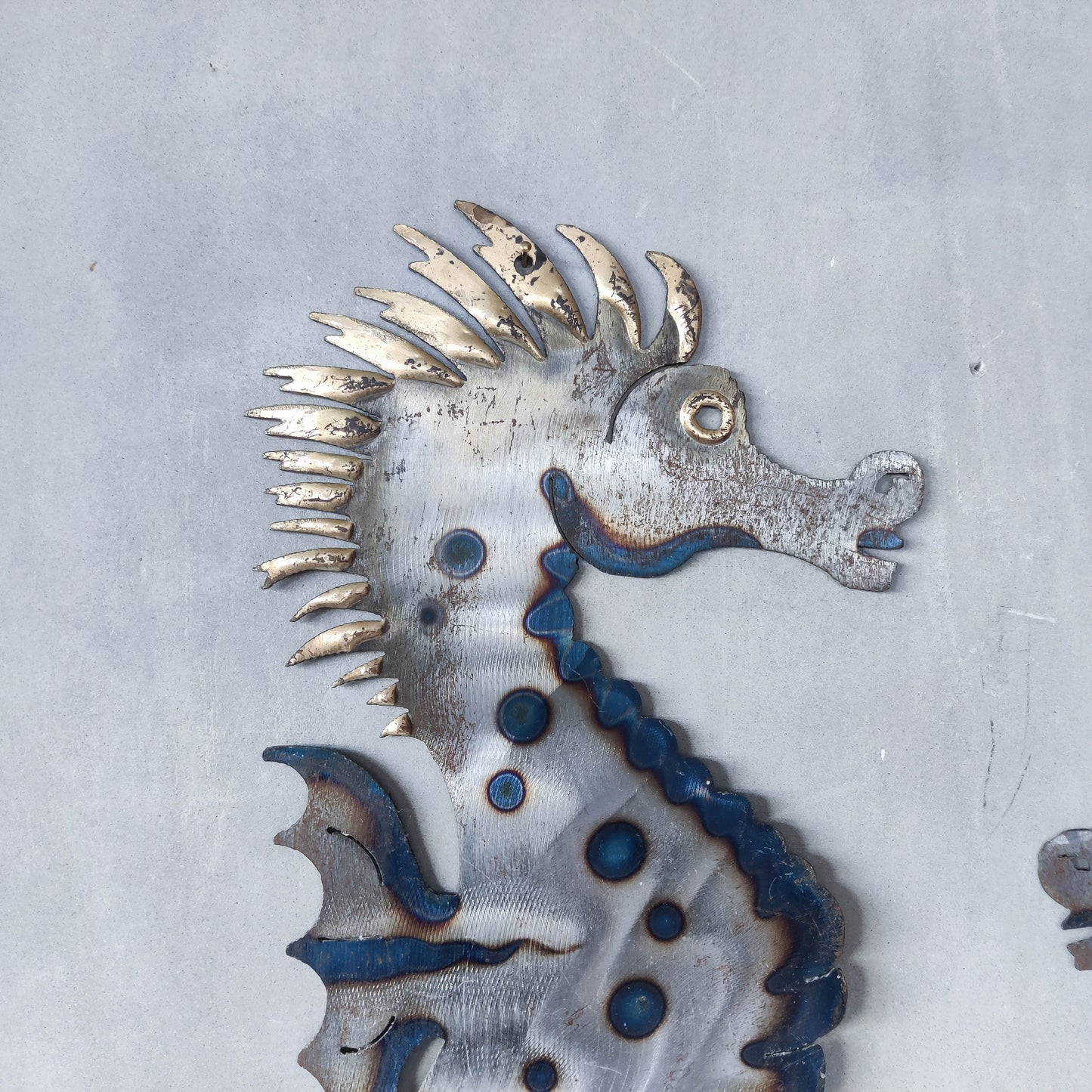 Pair of metalwork torched steel large seahorse sculptural wall sconces candle holders