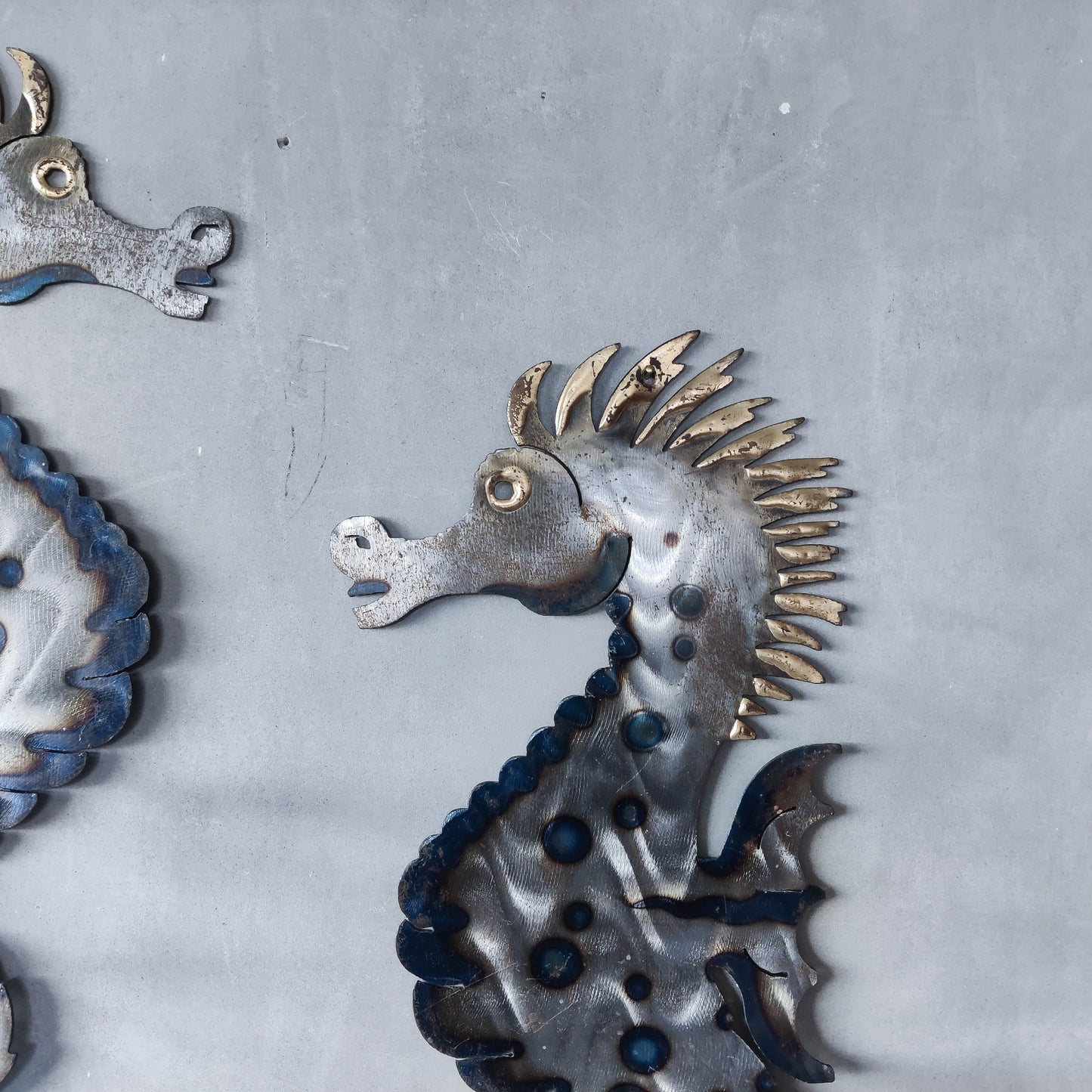 Pair of metalwork torched steel large seahorse sculptural wall sconces candle holders