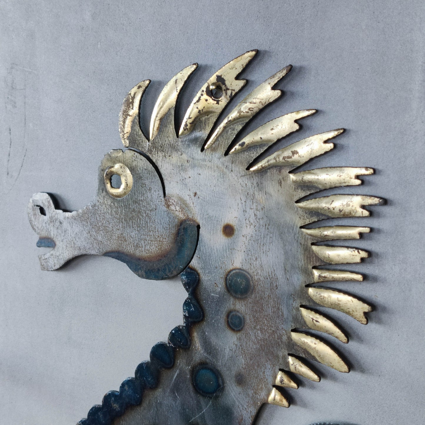 Pair of metalwork torched steel large seahorse sculptural wall sconces candle holders