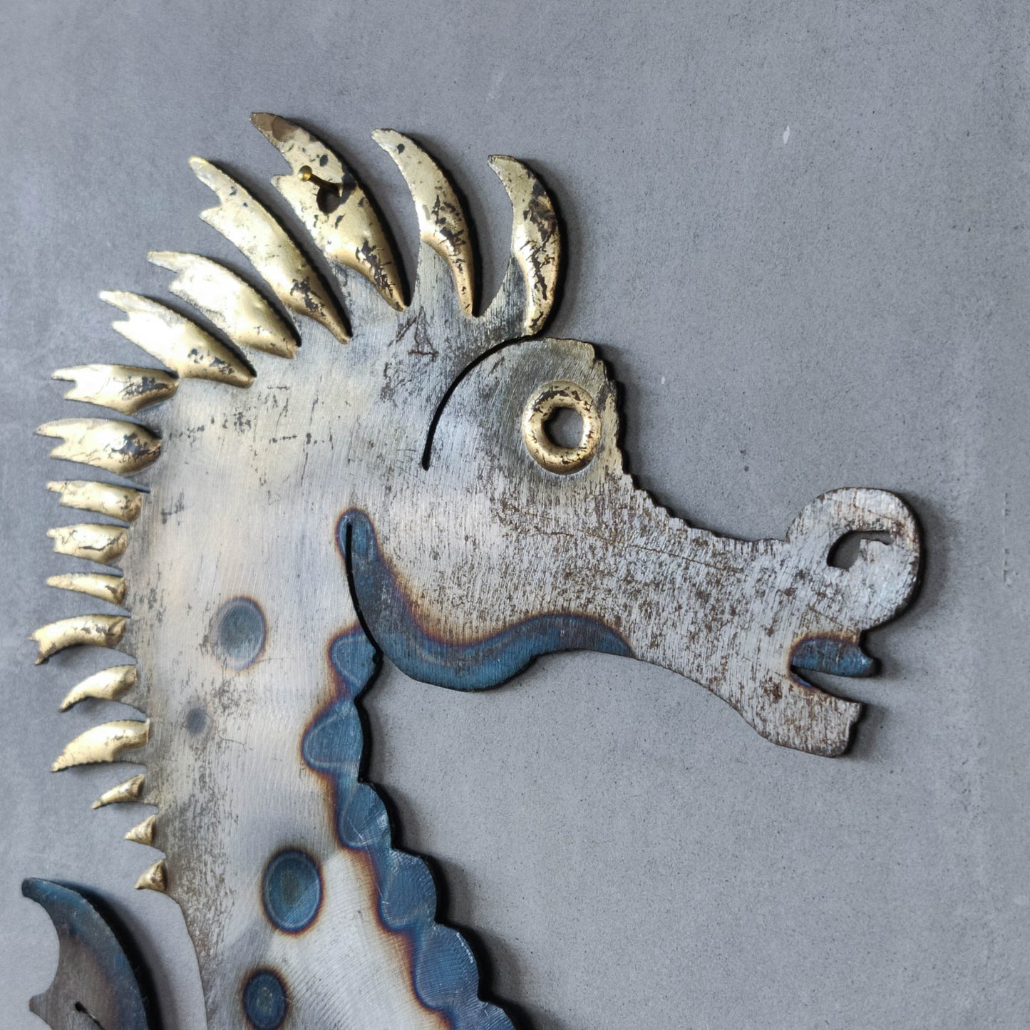 Pair of metalwork torched steel large seahorse sculptural wall sconces candle holders