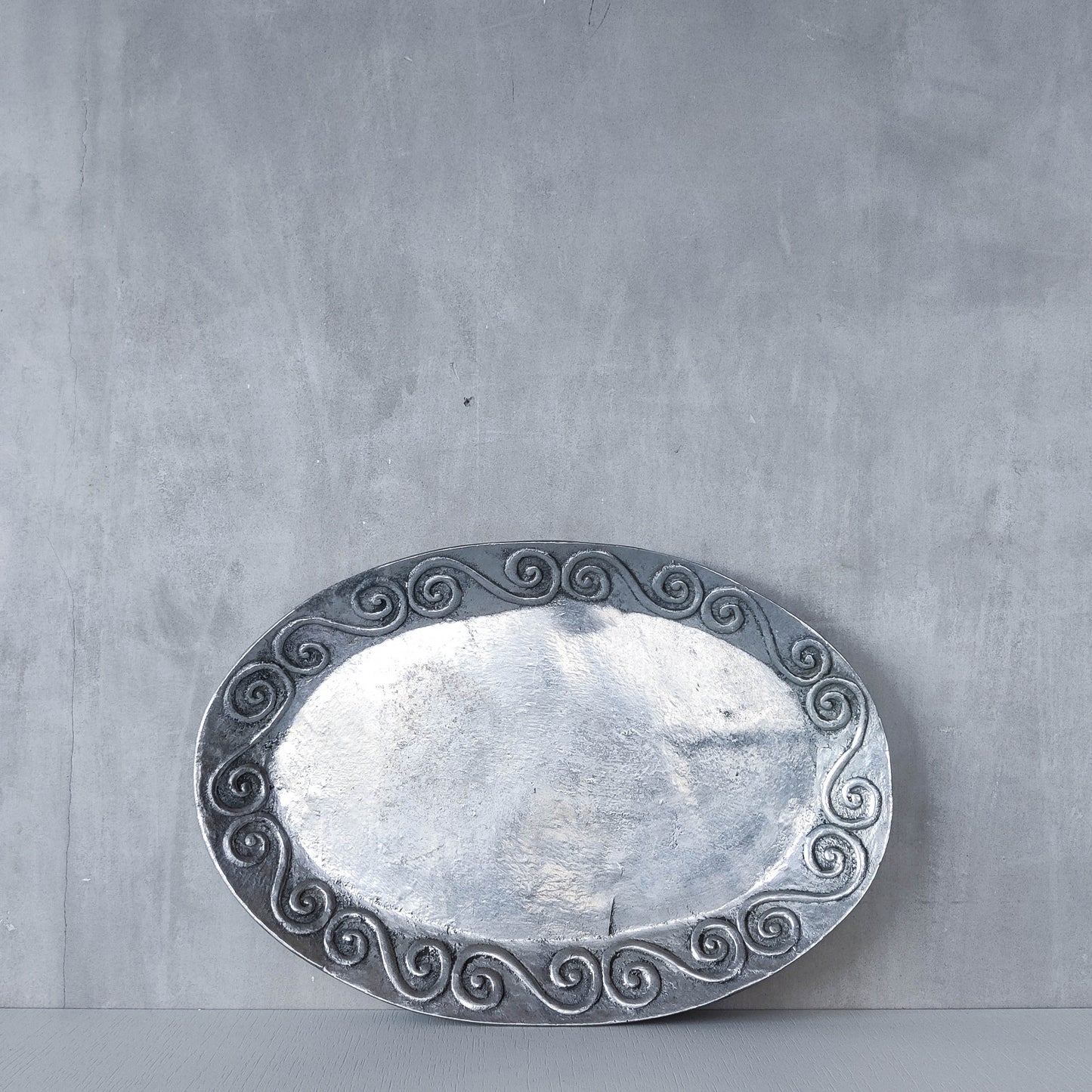1990s hand cast aluminium silver metal scroll spiral platter centrepiece