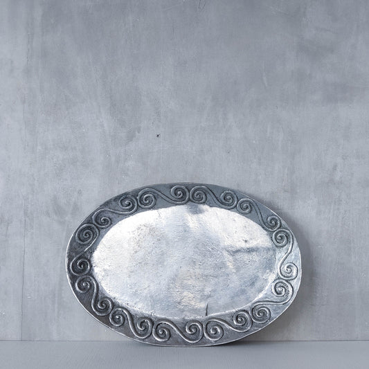 1990s hand cast aluminium silver metal scroll spiral platter centrepiece