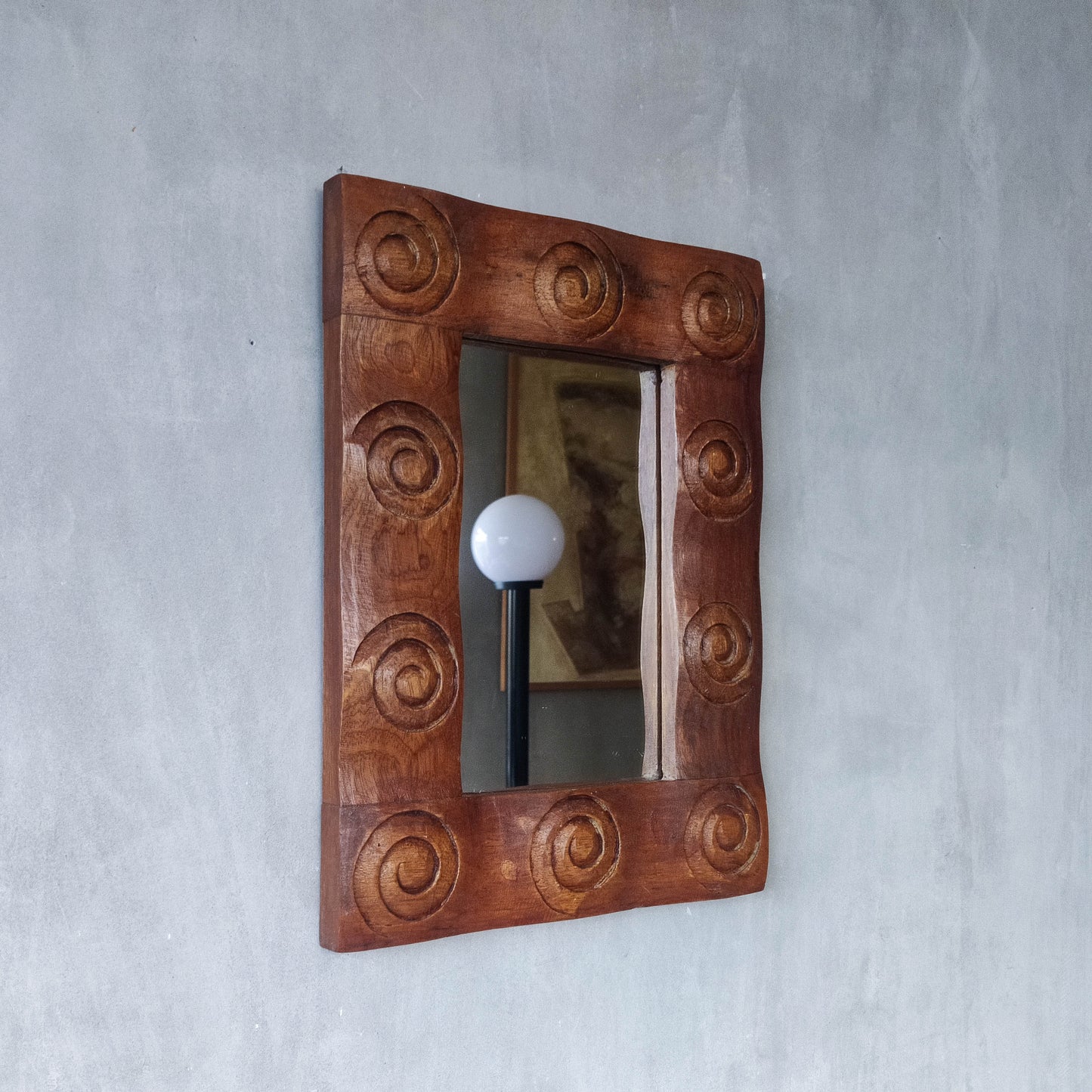 Vintage chunky solid hand carved hardwood wood spiral swirl sculptural mirror