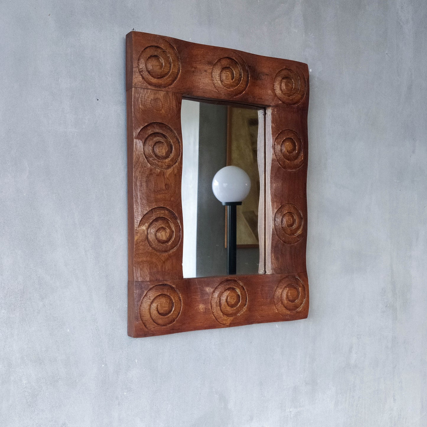 Vintage chunky solid hand carved hardwood wood spiral swirl sculptural mirror