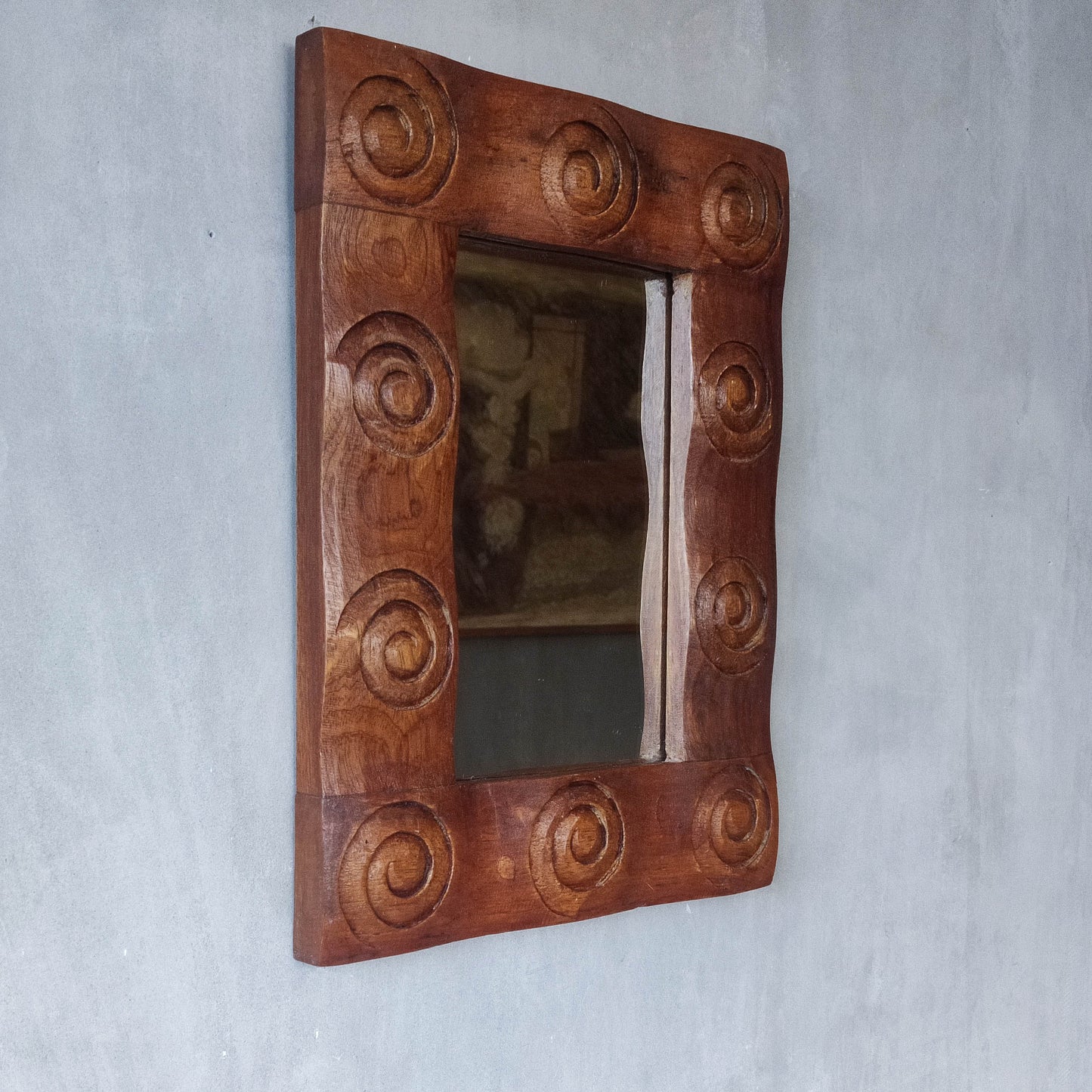 Vintage chunky solid hand carved hardwood wood spiral swirl sculptural mirror