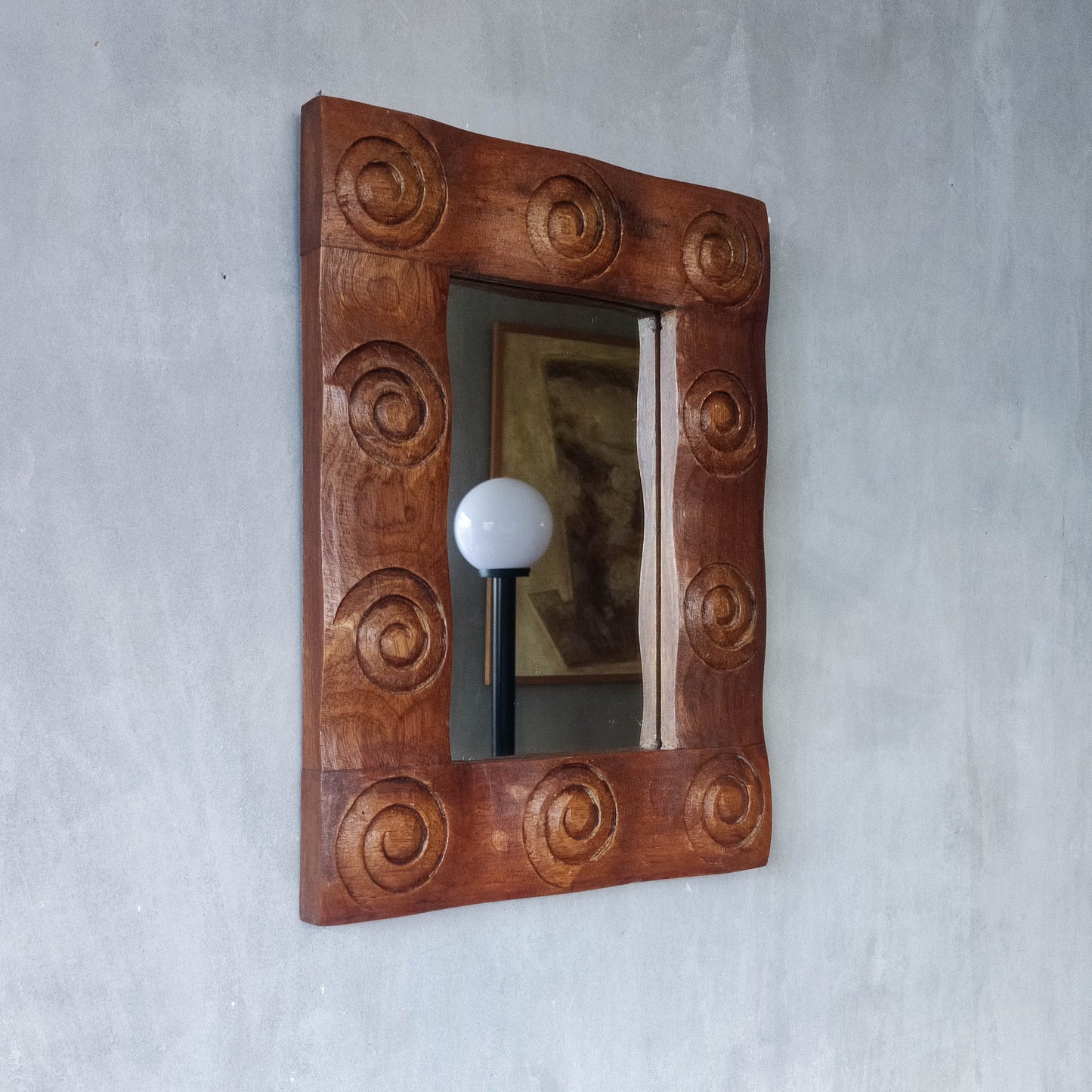 Vintage chunky solid hand carved hardwood wood spiral swirl sculptural mirror