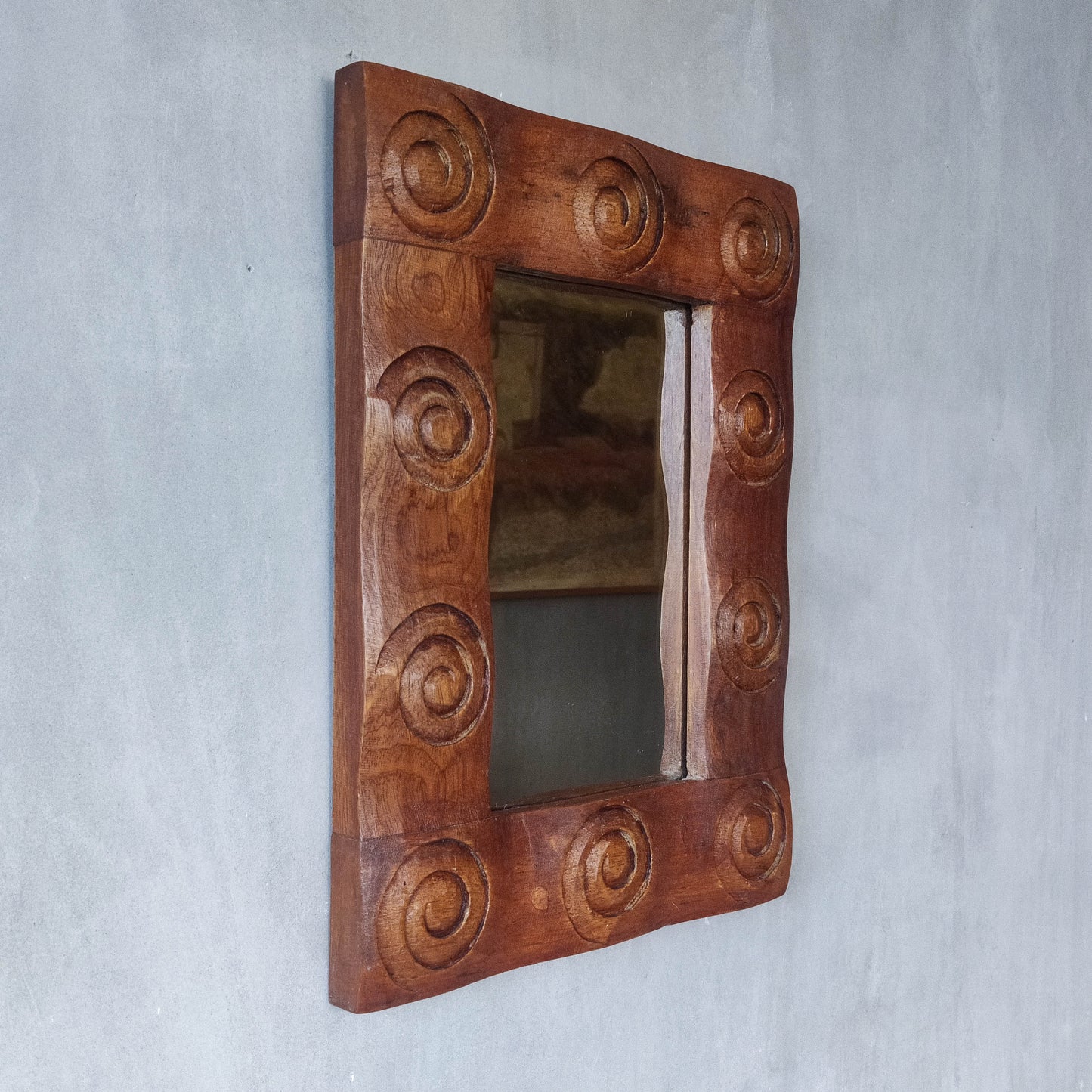 Vintage chunky solid hand carved hardwood wood spiral swirl sculptural mirror