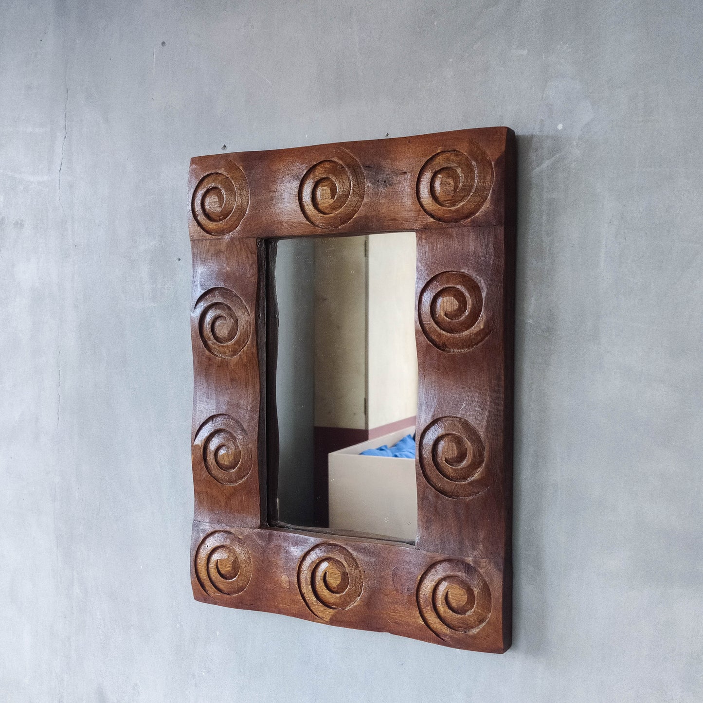 Vintage chunky solid hand carved hardwood wood spiral swirl sculptural mirror