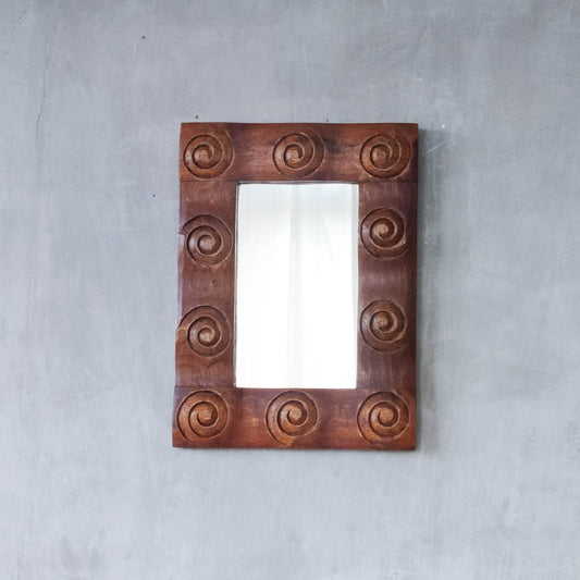 Vintage chunky solid hand carved hardwood wood spiral swirl sculptural mirror
