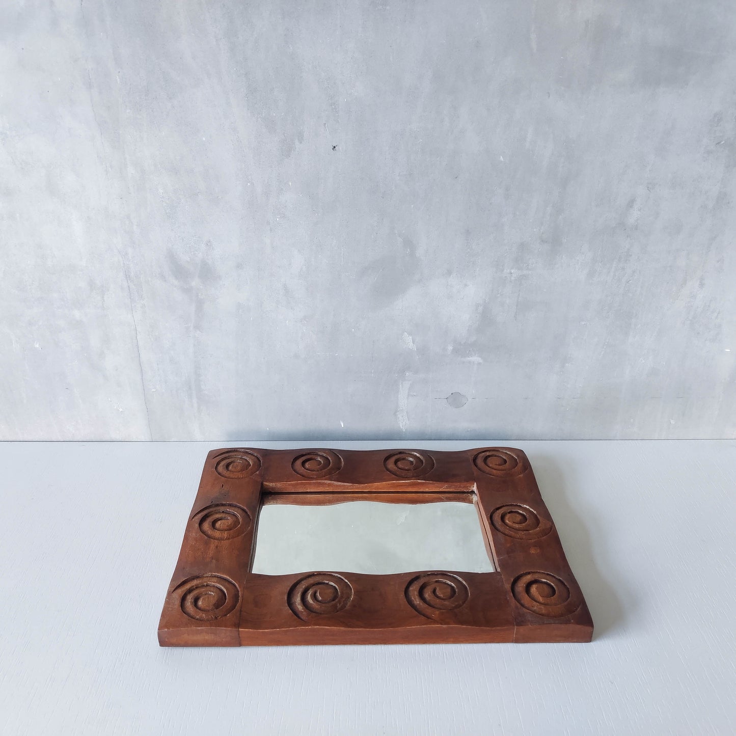 Vintage chunky solid hand carved hardwood wood spiral swirl sculptural mirror