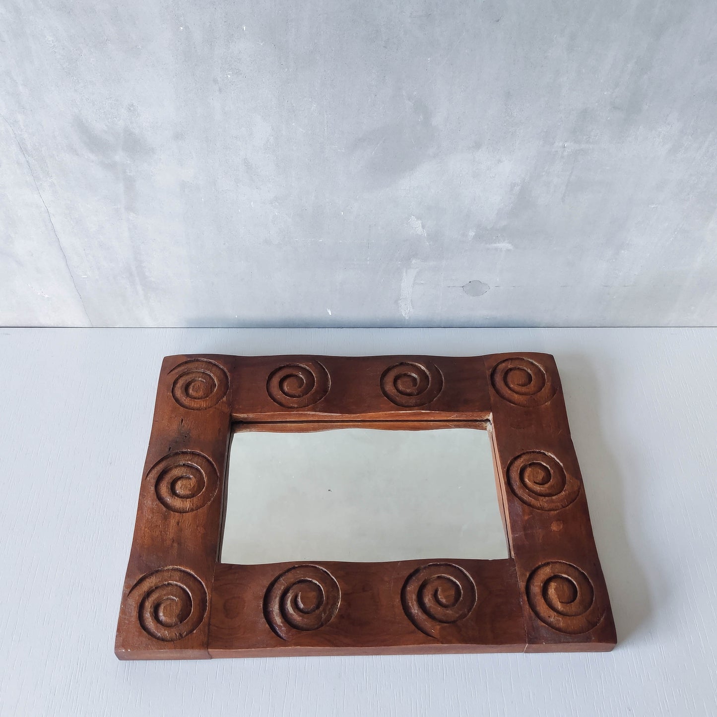 Vintage chunky solid hand carved hardwood wood spiral swirl sculptural mirror