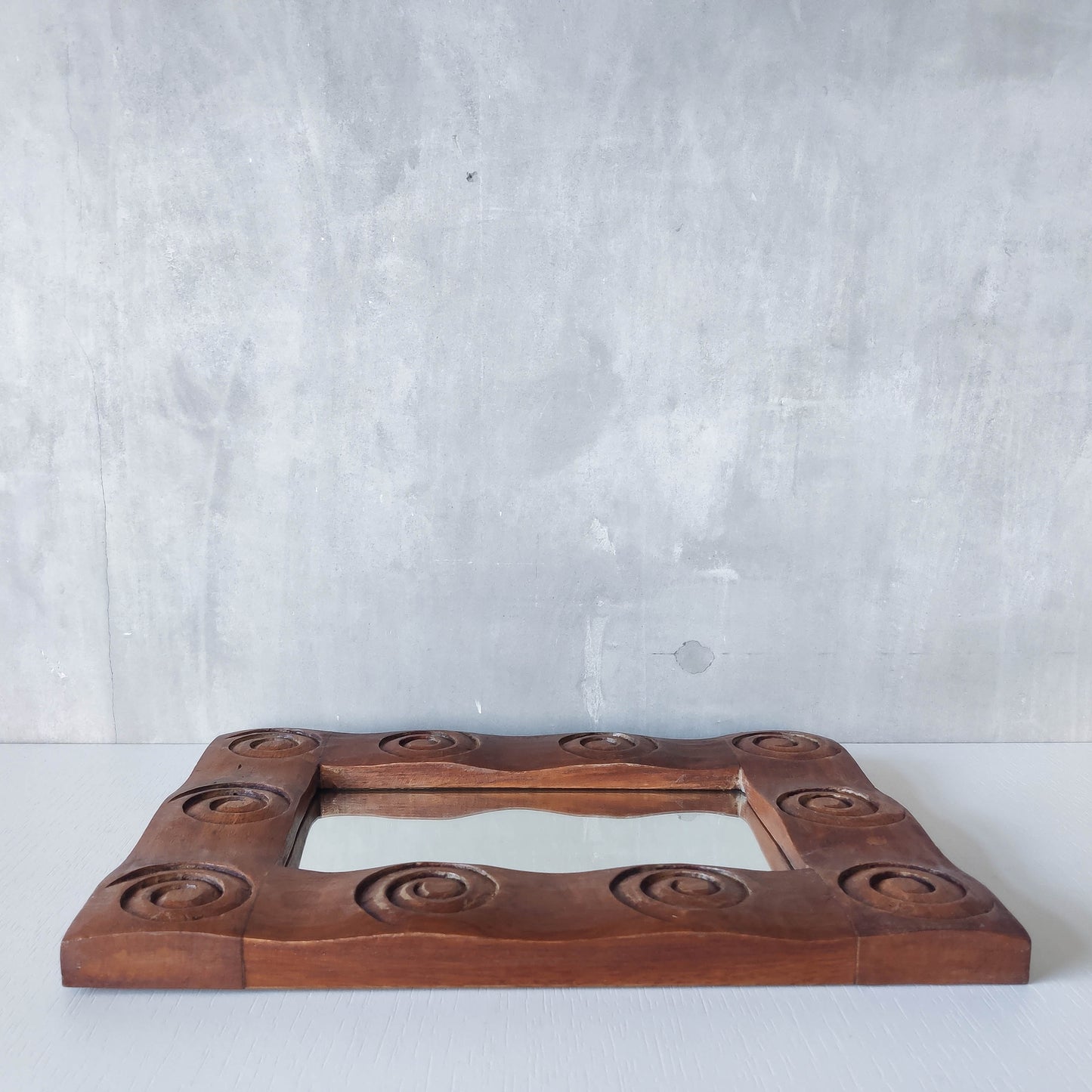 Vintage chunky solid hand carved hardwood wood spiral swirl sculptural mirror