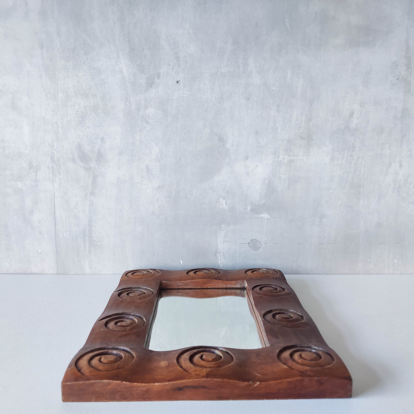 Vintage chunky solid hand carved hardwood wood spiral swirl sculptural mirror