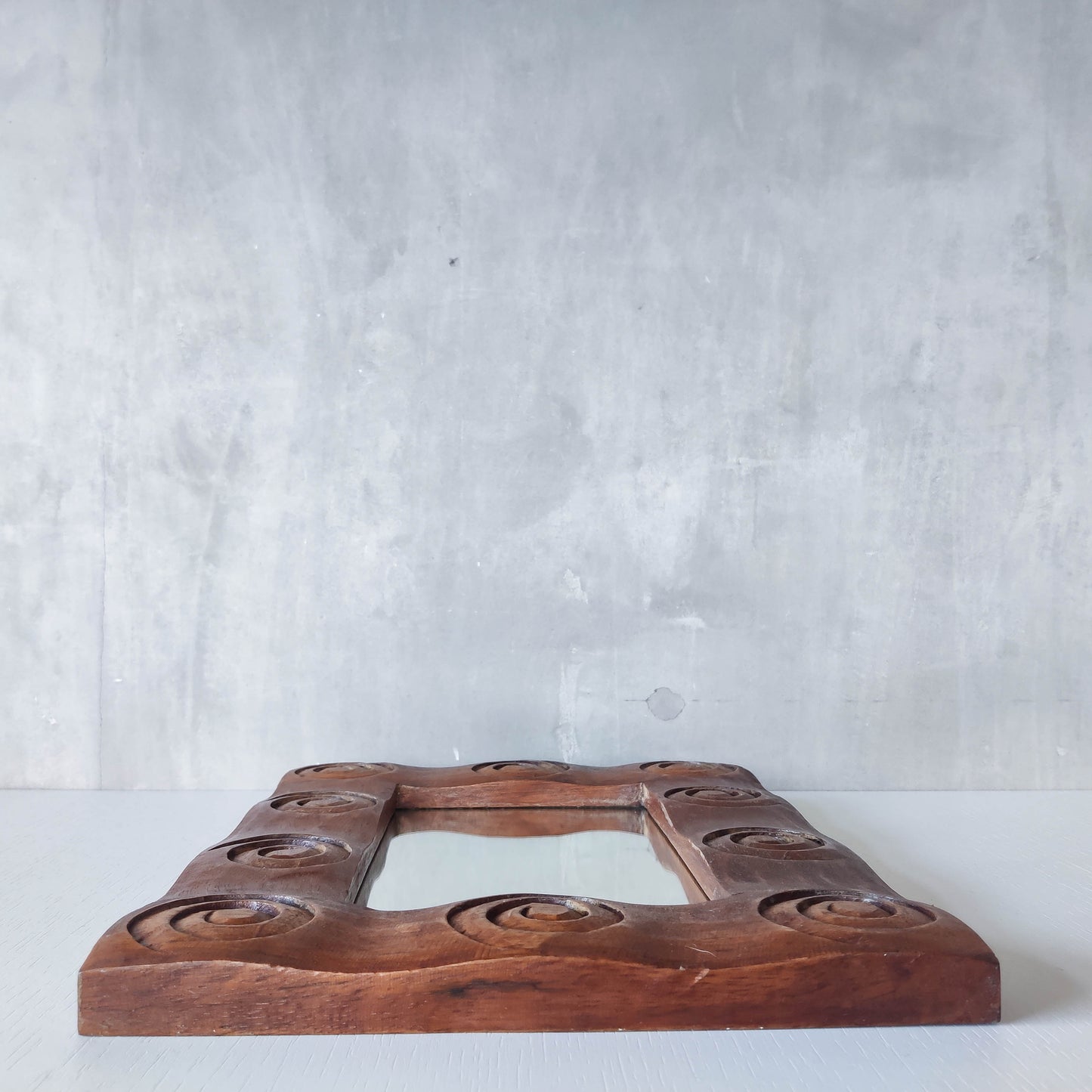 Vintage chunky solid hand carved hardwood wood spiral swirl sculptural mirror