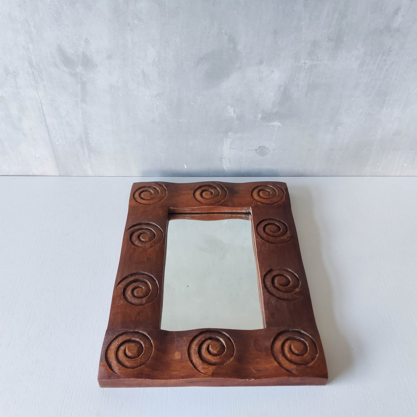 Vintage chunky solid hand carved hardwood wood spiral swirl sculptural mirror