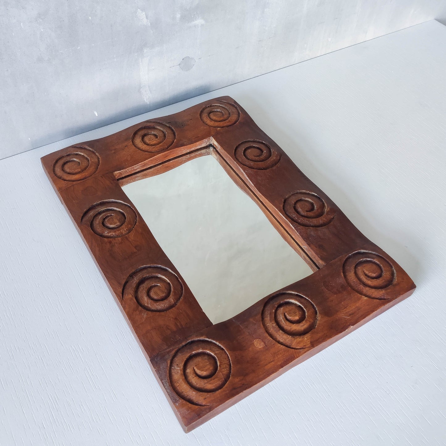 Vintage chunky solid hand carved hardwood wood spiral swirl sculptural mirror