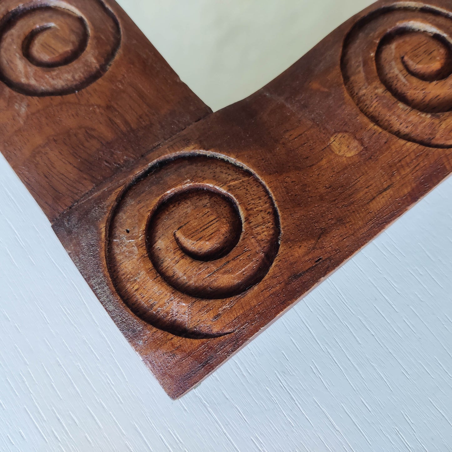 Vintage chunky solid hand carved hardwood wood spiral swirl sculptural mirror