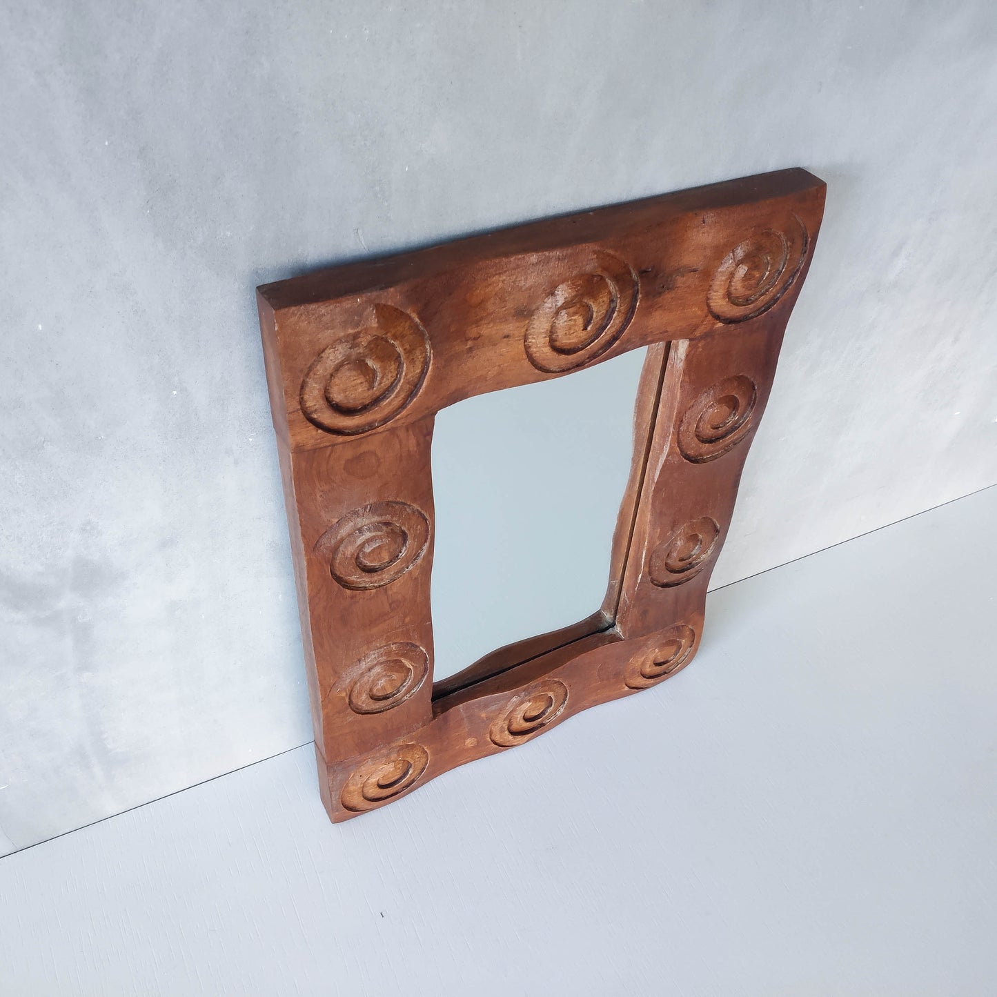 Vintage chunky solid hand carved hardwood wood spiral swirl sculptural mirror