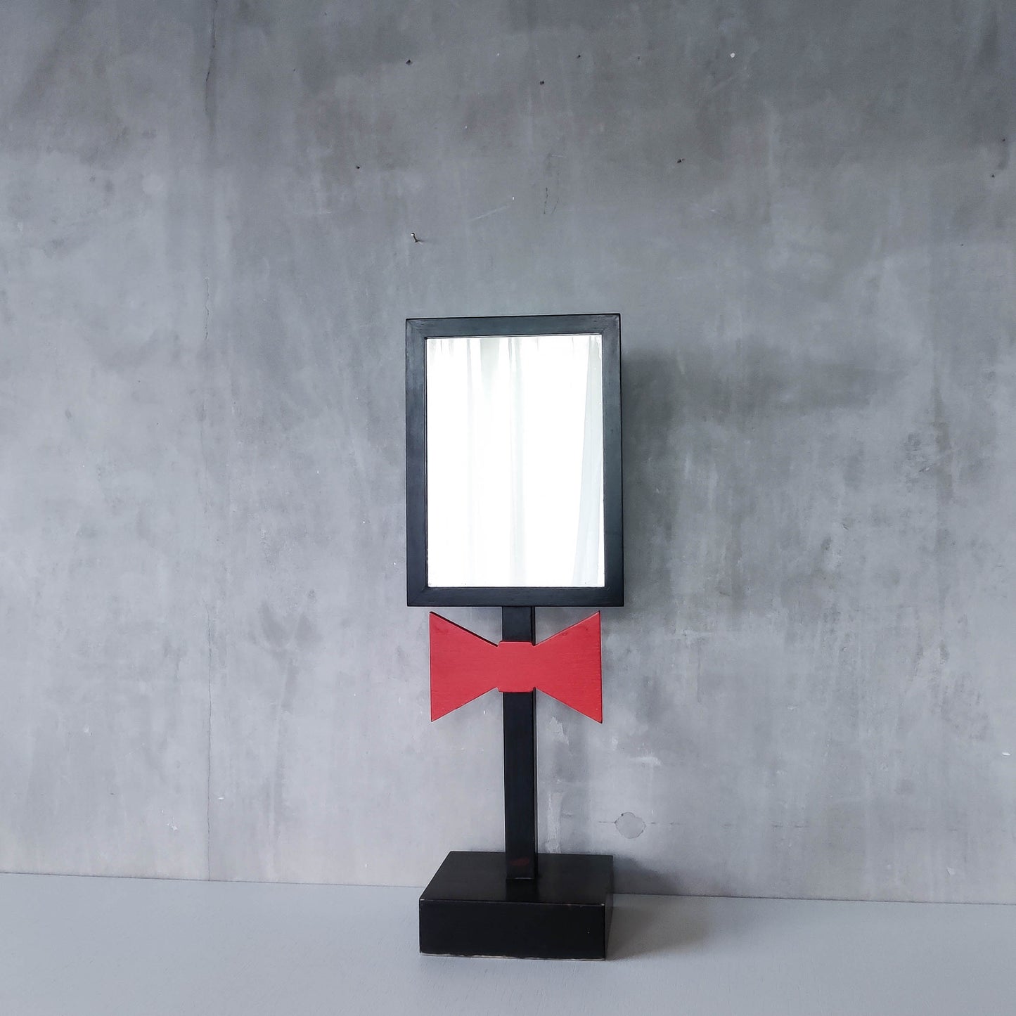 Handmade 1980s whimsical bow tie tabletop wooden painted mirror