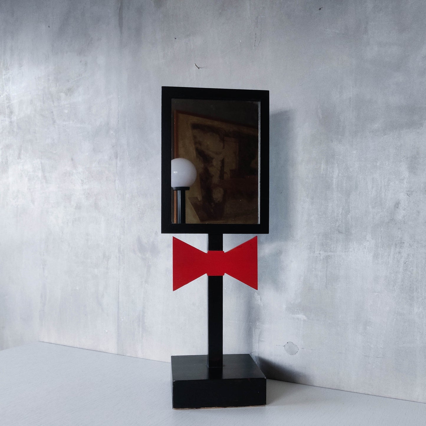 Handmade 1980s whimsical bow tie tabletop wooden painted mirror