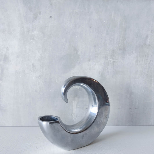 Vintage 1990s cast aluminium curved C shaped sculptural vase signed
