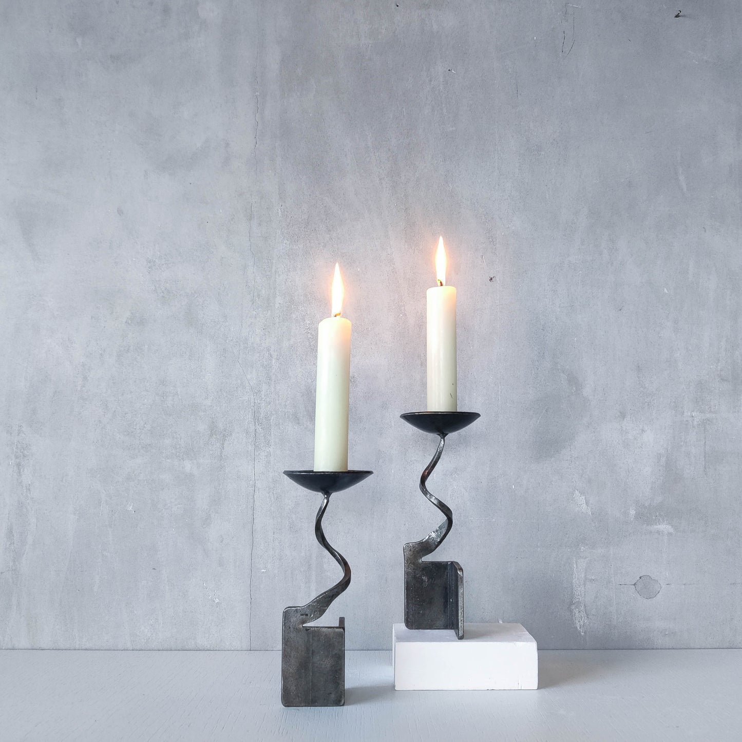 Pair of brutalist style metalwork forged steel sculptural candle holders