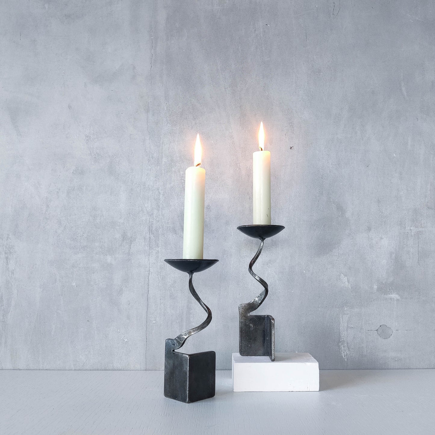 Pair of brutalist style metalwork forged steel sculptural candle holders