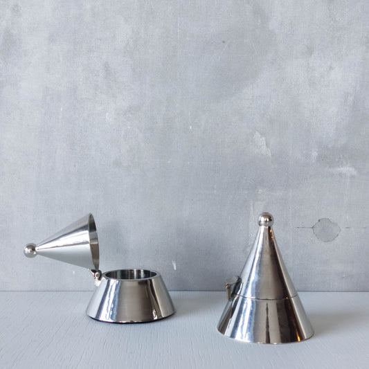 Pair of vintage conical silver chrome tea light holders Aldo Rossi Alessi modernist