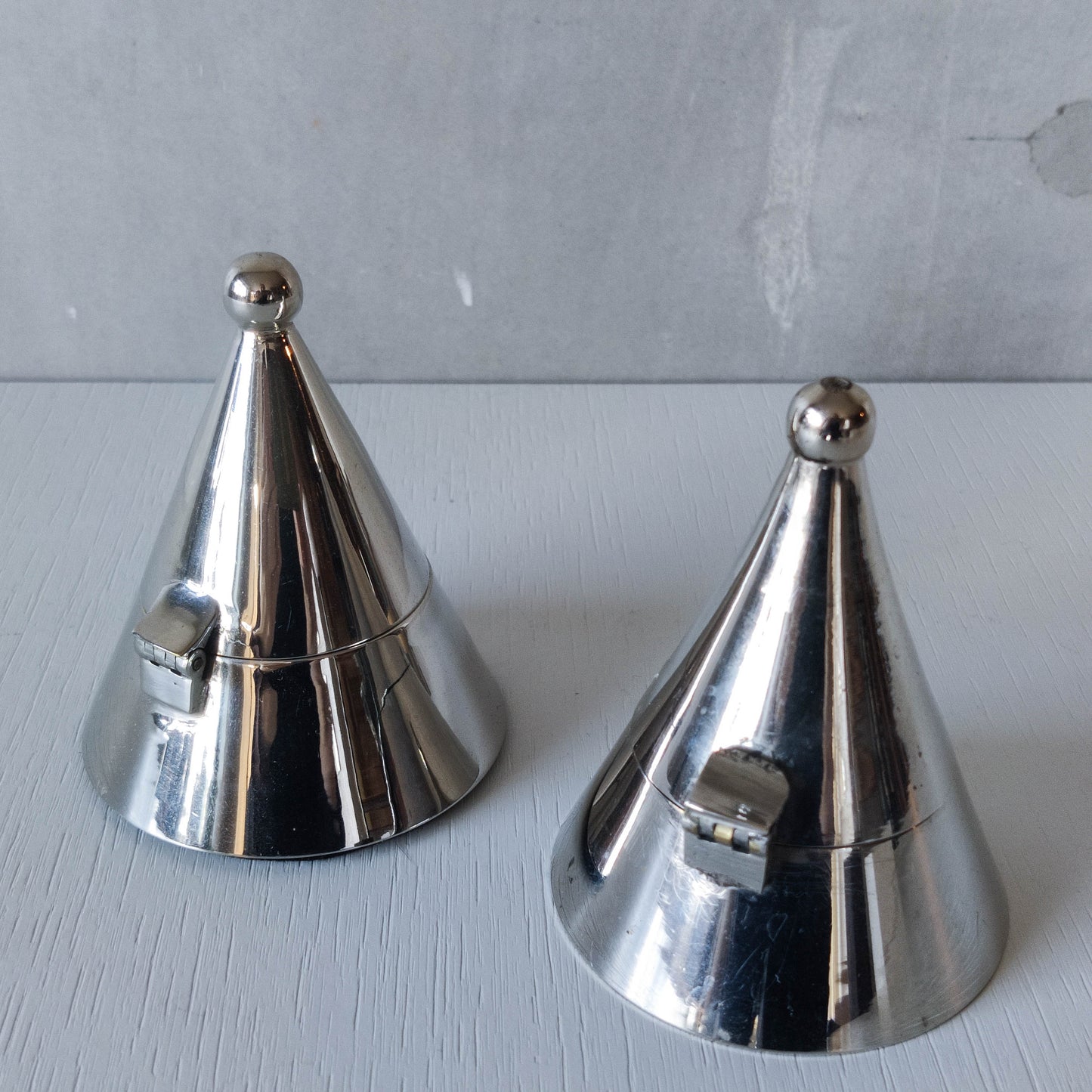 Pair of vintage conical silver chrome tea light holders Aldo Rossi Alessi modernist