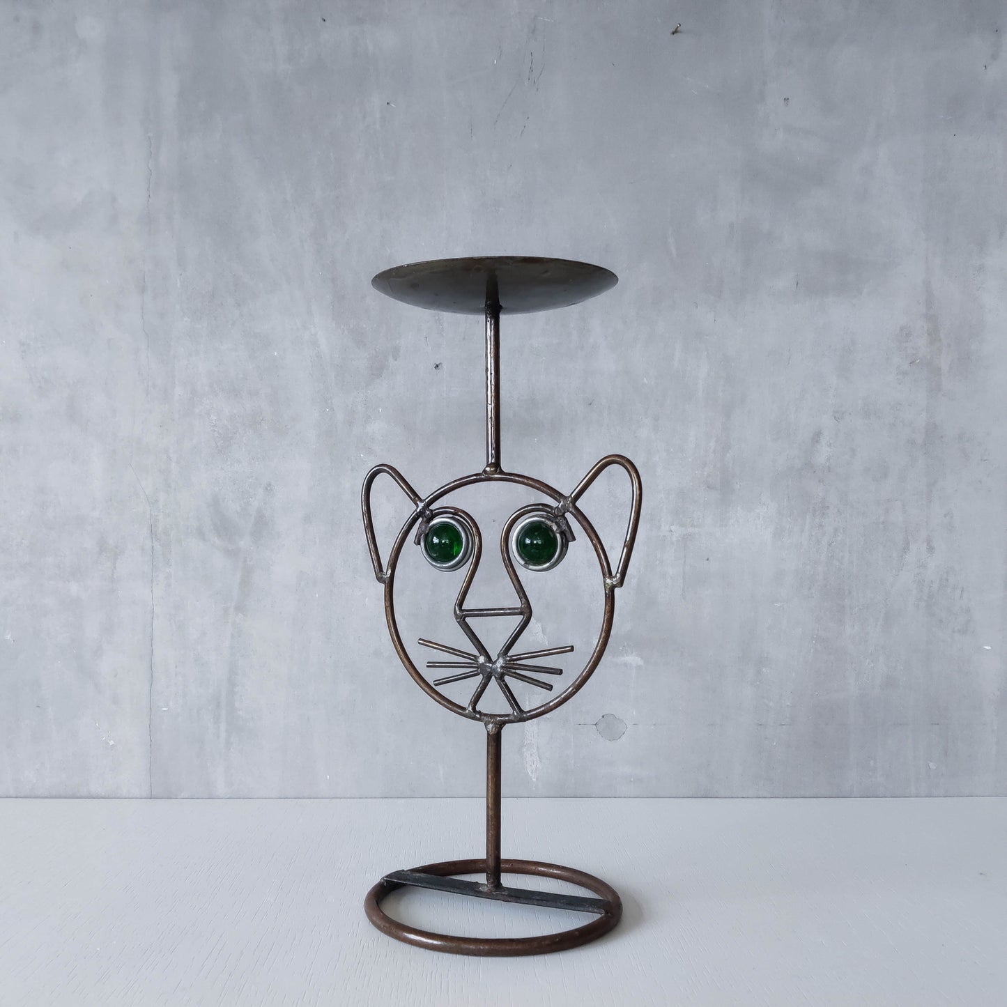 Vintage metalwork welded steel large cat face candle holder with green glass eyes