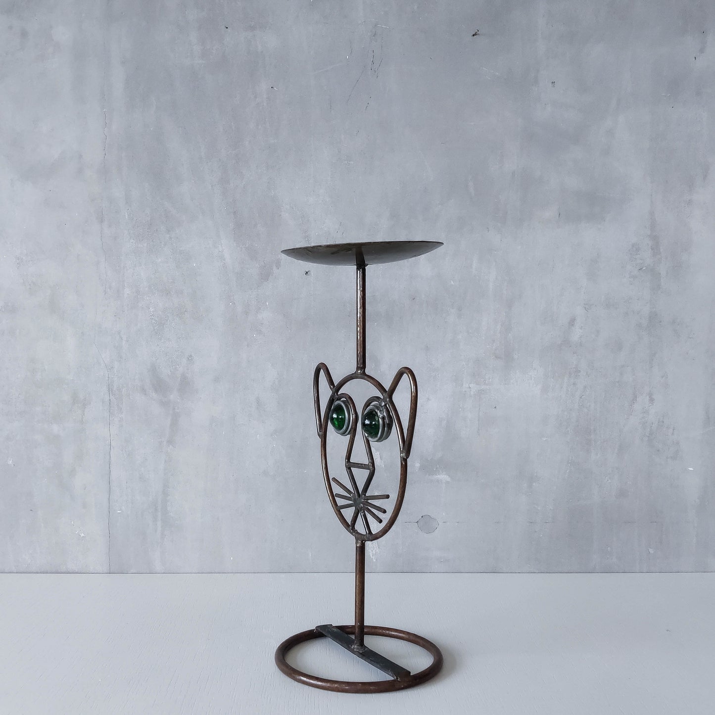 Vintage metalwork welded steel large cat face candle holder with green glass eyes
